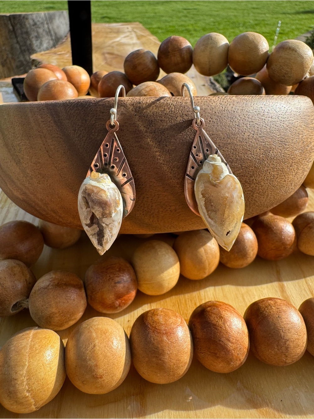 Handmade Copper Drop Earrings with Fossilized Seashells